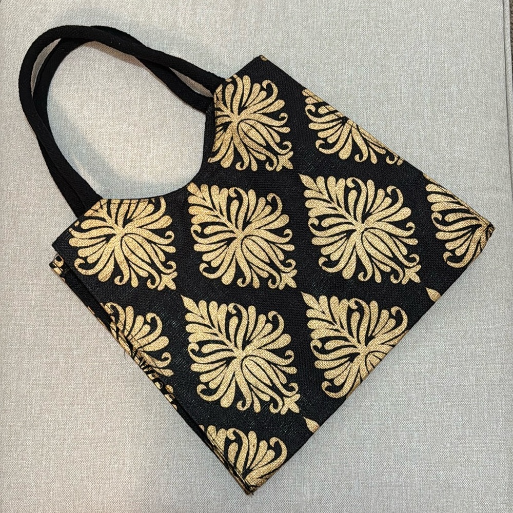 Summer Must Have-Woven Double Strap Bag-Black/Gold-Magnetic Closure-Folds Flat